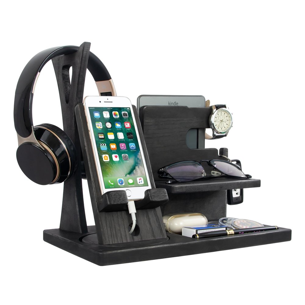 Gift for Men Nightstand Organizer with Headphone Stand & Rotating Phone Stand, Stylish Headphone Holder to Keep Desk Accessories for Men Organized, Unique Dad Birthday Gift, Gifts for Boyfriend
