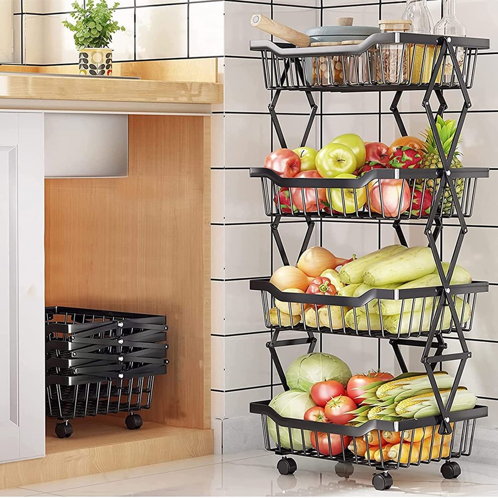 Beaugreen Metal Storage Baskets on Wheels Foldable Vegetables Fruits Baskets Cart Kitchen Storage Cart for Snack,Pantry,Living Room,Bedroom(4 Tiers)