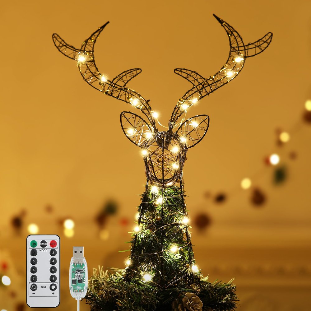 Roylvan Christmas Tree Topper with 8 Lighting Modes, Reindeer Tree Topper Light with 30 LEDs USB Powered Xmas Treetop Warm Light Tree Decoration Indoor Outdoor Home Decor, 3.3FT Cable