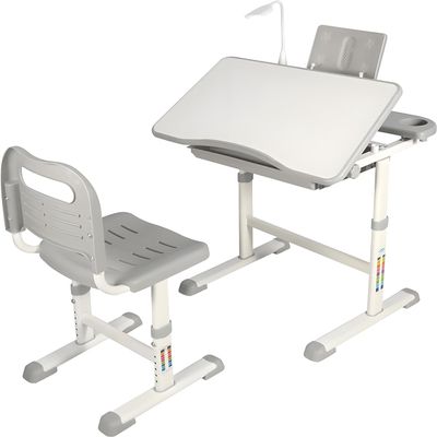 Domaker Kids Desk and Chair Set,Height Adjustable Childrens Homeschool Study Table with Storage Drawer, LED Light,Cup Holder,Bookstand, for 3-15 Years Boy and Girl, Grey