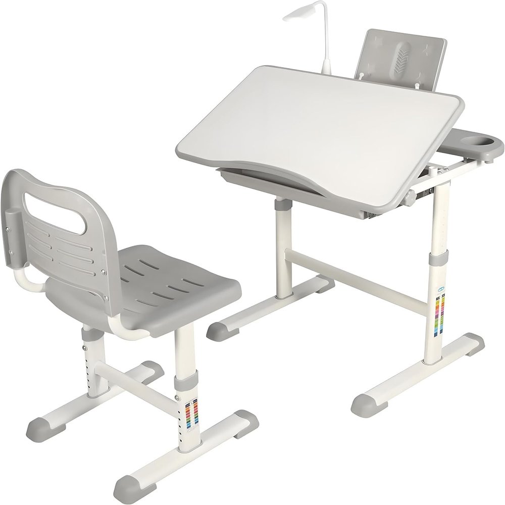 Domaker Kids Desk and Chair Set,Height Adjustable Childrens Homeschool Study Table with Storage Drawer, LED Light,Cup Holder,Bookstand, for 3-15 Years Boy and Girl, Grey