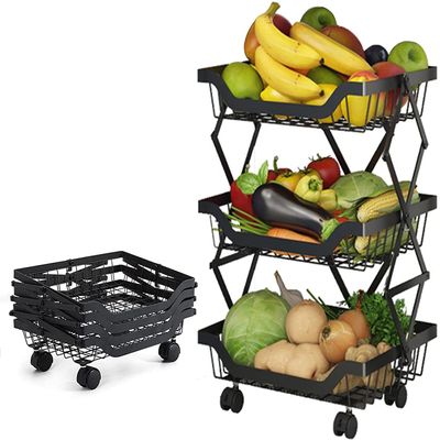 Metal Storage Baskets with Wheels 3 Tier Stackable Fruit Vegetable Basket Foldable Utility Storage Cart No Assembly for Kitchen Pantry, Market,Garage