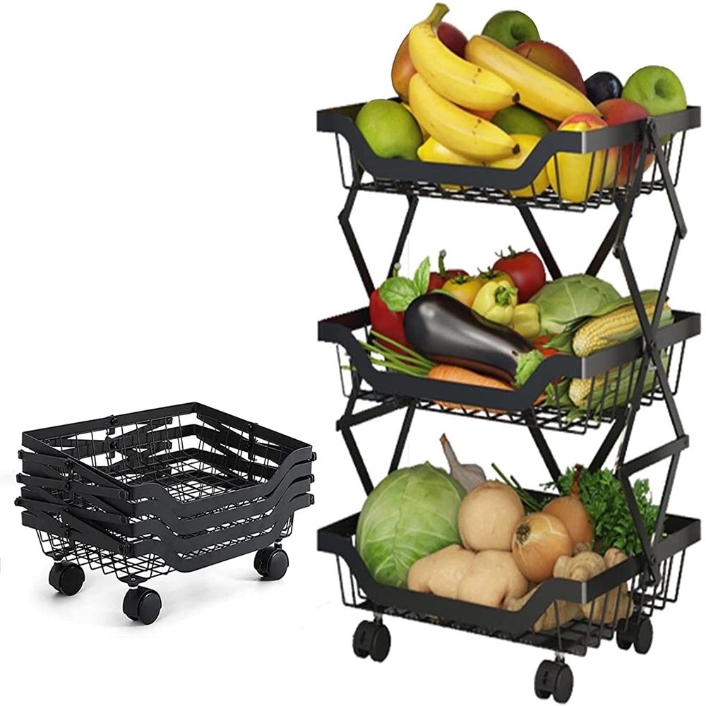 Metal Storage Baskets with Wheels 3 Tier Stackable Fruit Vegetable Basket Foldable Utility Storage Cart No Assembly for Kitchen Pantry, Market,Garage