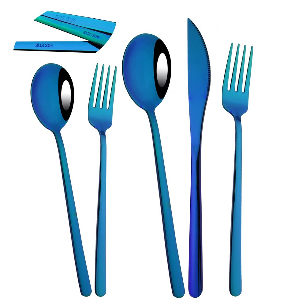 BRIIEC 40-Piece Silverware 304 Stainless Steel Flatware Set Mirror Polished Cutlery Set Korean Style Handle Gift Present for Wedding Housewarming Service for 8 - Blue