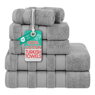 American Soft Linen Salem Turkish Bath Towel Set, 100% Cotton 600 GSM 6 Piece Towels for Bathroom, 2 Bath Towels 2 Hand Towels 2 Washcloths, Light Grey