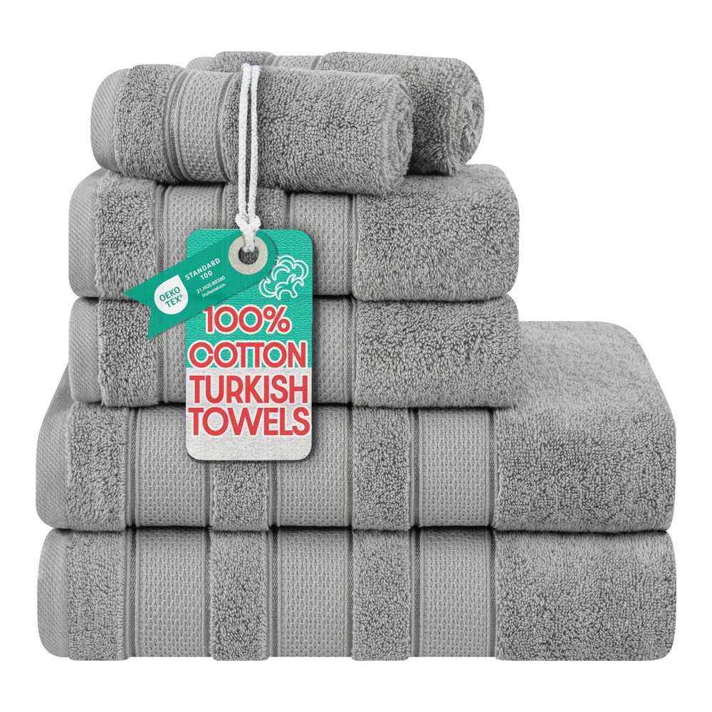 American Soft Linen Salem Turkish Bath Towel Set, 100% Cotton 600 GSM 6 Piece Towels for Bathroom, 2 Bath Towels 2 Hand Towels 2 Washcloths, Light Grey