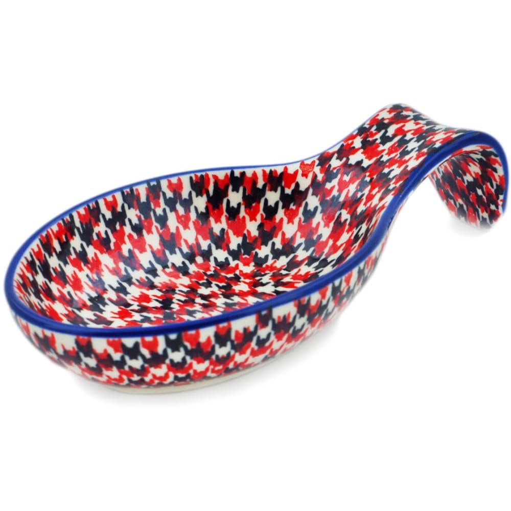 Polmedia Polish Pottery Spoon Rest - Red Houndstooth Pattern Handmade in Boleslawiec Poland by Ceramika Artystyczna + Certificate of Authenticity