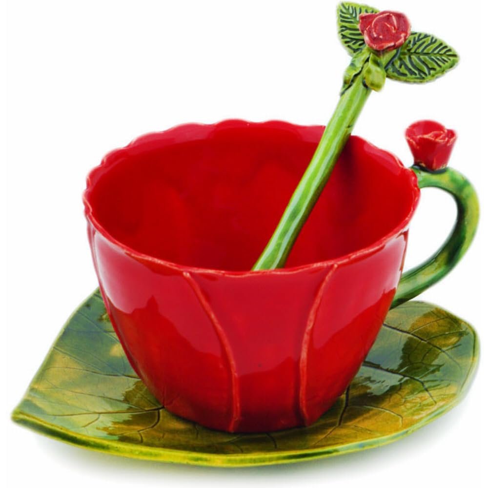 Polmedia Polish Pottery Cup with Saucer and Spoon - Red Pattern Made in Poland