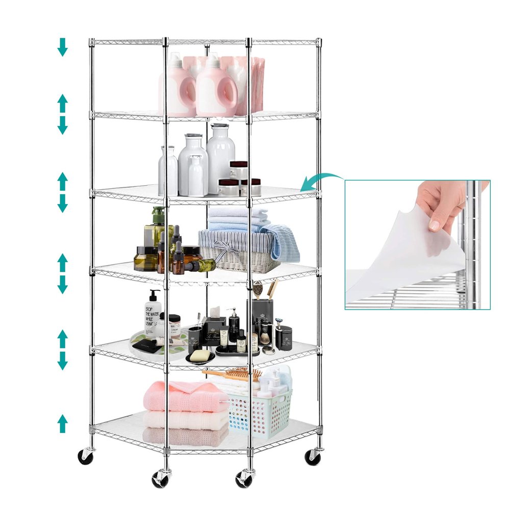 BNSPLY 6 Tier Corner Wire Shelving Unit, Adjustable Metal Storage Rack, Mobile Corner Wire Shelves for Kitchen, Laundry, Bathroom, Pantry, Closet Organization (26.7" D x 26.7" W x 71" H, Chrome)