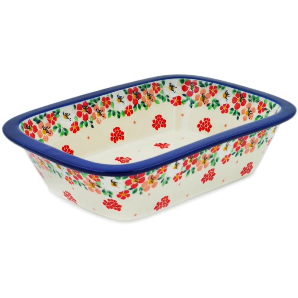 Polmedia Polish Pottery Rectangular Baker UNIKAT - Rosey Starburst Poppy Pattern Handmade in Boleslawiec Poland by Ceramika Artystyczna + Certificate of Authenticity