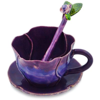 Polmedia Polish Pottery Cup with Saucer and Spoon - Rustic Purple Pattern Made in Poland