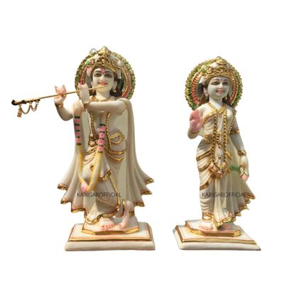 KARIGAROFFICIAL Radha Krishna Statue, Hindu Divine Couple Handpainted Murti, Large 12 inches White Marble Gold Leaf Work Religious Idol, Home Temple Decoration Wedding Housewarming Sculpture