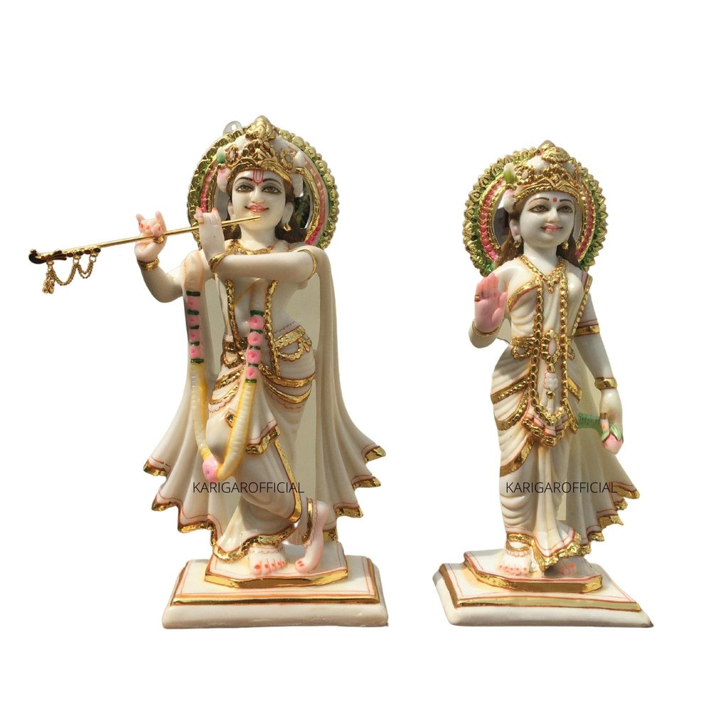 KARIGAROFFICIAL Radha Krishna Statue, Hindu Divine Couple Handpainted Murti, Large 12 inches White Marble Gold Leaf Work Religious Idol, Home Temple Decoration Wedding Housewarming Sculpture