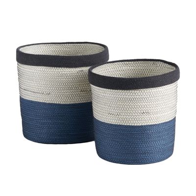 MY SWANKY HOME Set of 2 Coastal Casual Natural White Blue Woven Stripe Storage Baskets Round
