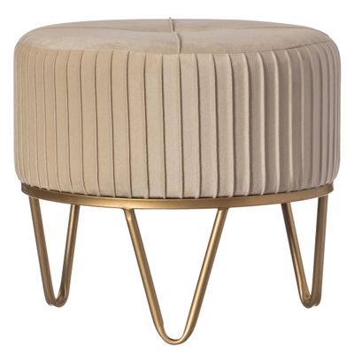 Fabulaxe Round Velvet Ottoman Stool Raised with Hairpin Gold Base, Cream, Small
