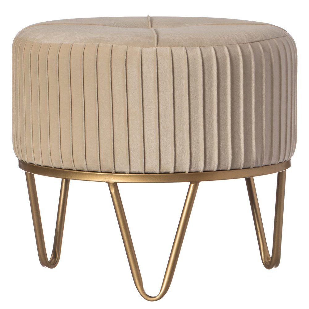 Fabulaxe Round Velvet Ottoman Stool Raised with Hairpin Gold Base, Cream, Small