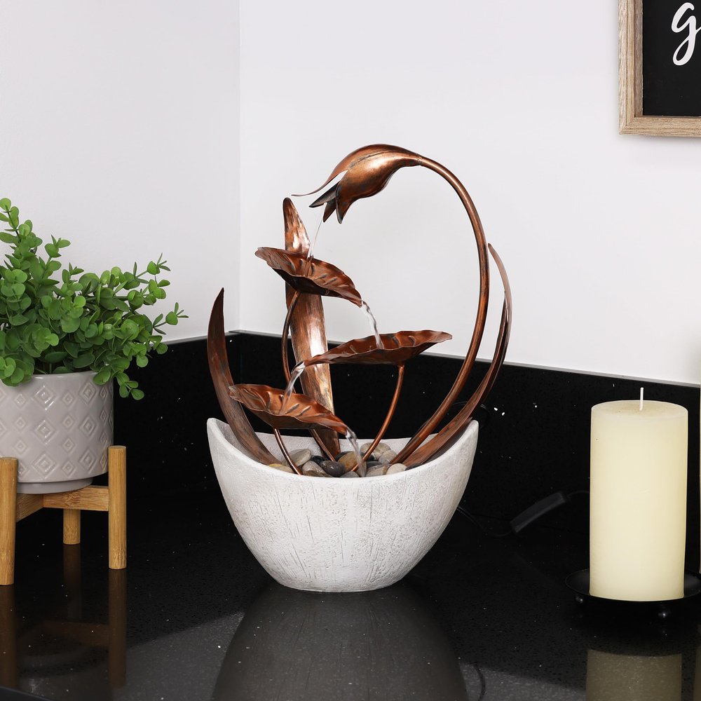 Alpine Corporation ZEN918 Indoor Tabletop Multi-Tiered Metal Falling Leaves Water Fountain with Stone-Filled Base, 15"