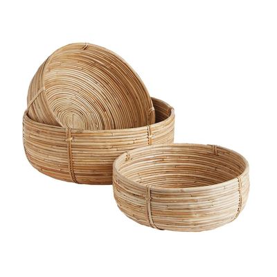 MY SWANKY HOME Set of 3 Natural Cane Rattan Decorative Bowl Low Baskets Round Nesting Coiled