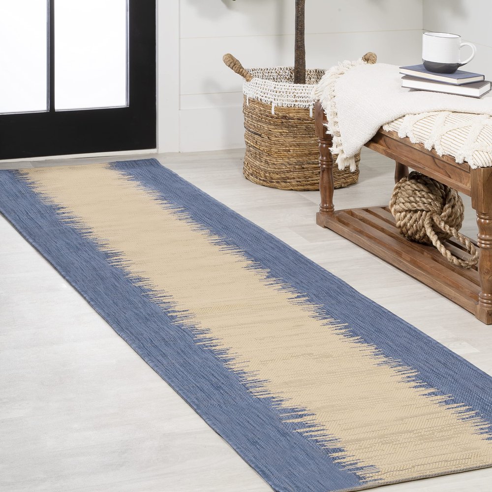 JONATHAN Y Modern Strie' Indoor Outdoor Runner Rug 2X10 Blue/Beige, Tavira for Backyard, Patio, Porch, Easy-Cleaning, High Traffic, Pet-Friendly, Non-Shedding (SMB113A-210)