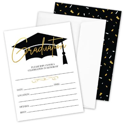 25- Gold & Black Graduation Party Invitations with Envelopes for 2024 College, High School, University Grad Celebration or Announcement- Invite Cards Fill In Style- Party Decorations Supplies