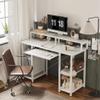 CubiCubi Computer Desk with Keyboard Tray, 47 Inch Office Desk with Monitor Stand and Storage Shelves, Music Studio Desk, Work Table Gaming Desk, White view 4