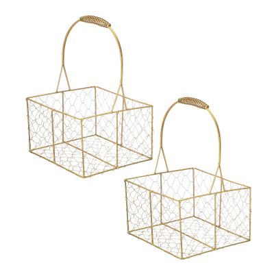 BEIJIALY 2PSC Metal Wedding Flower Girl Basket With Handle, Wire Storage Flower Basket, Gold Decorated Basket Flower Petal Basket for Wedding Decor Or Tabletop Display