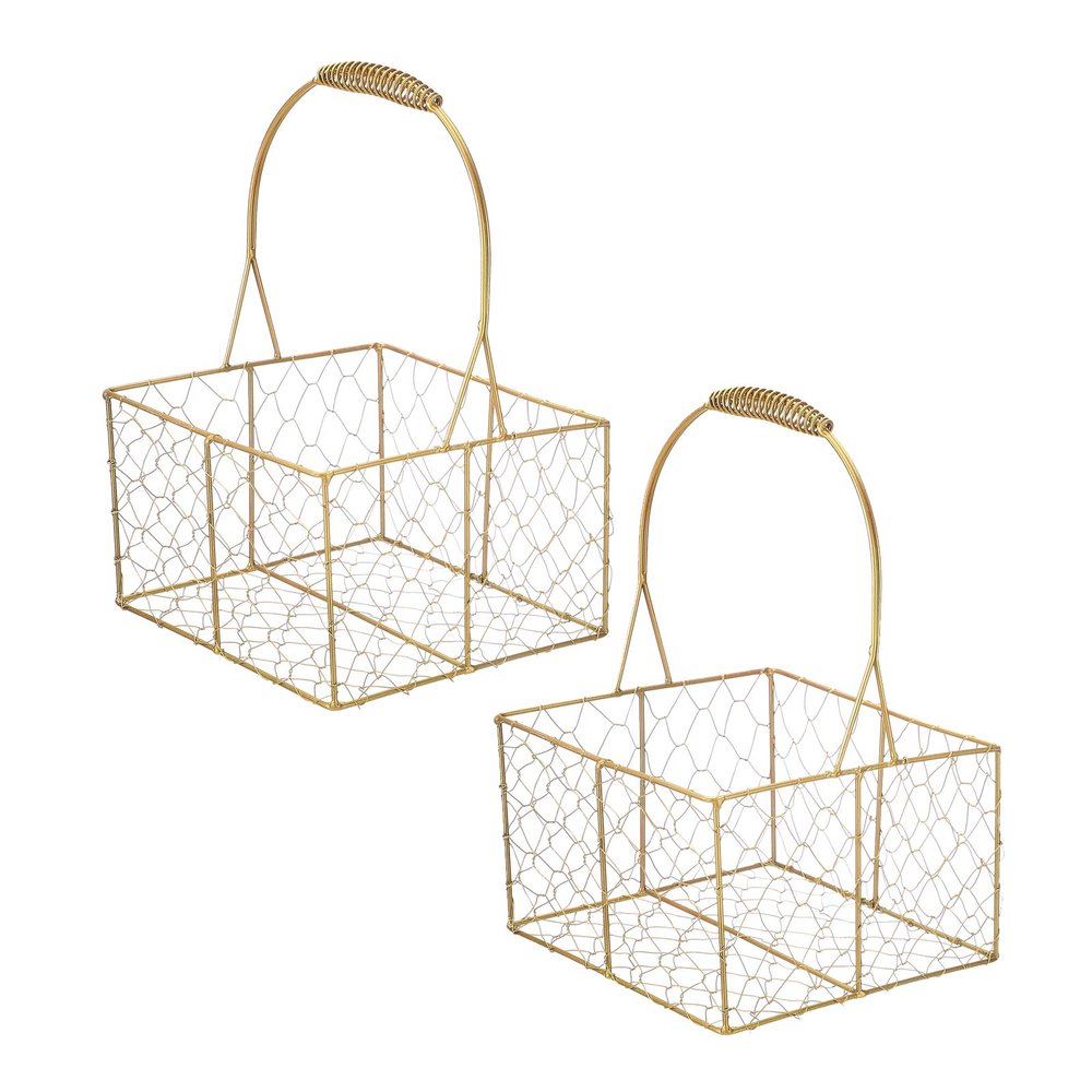 BEIJIALY 2PSC Metal Wedding Flower Girl Basket With Handle, Wire Storage Flower Basket, Gold Decorated Basket Flower Petal Basket for Wedding Decor Or Tabletop Display