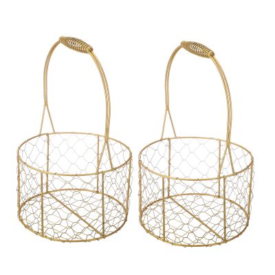 BEIJIALY 2PSC Round Metal Wedding Flower Girl Basket With Handle, Wire Storage Flower Basket, Gold Decorated Basket Flower Petal Basket for Wedding Decor Or Tabletop Display