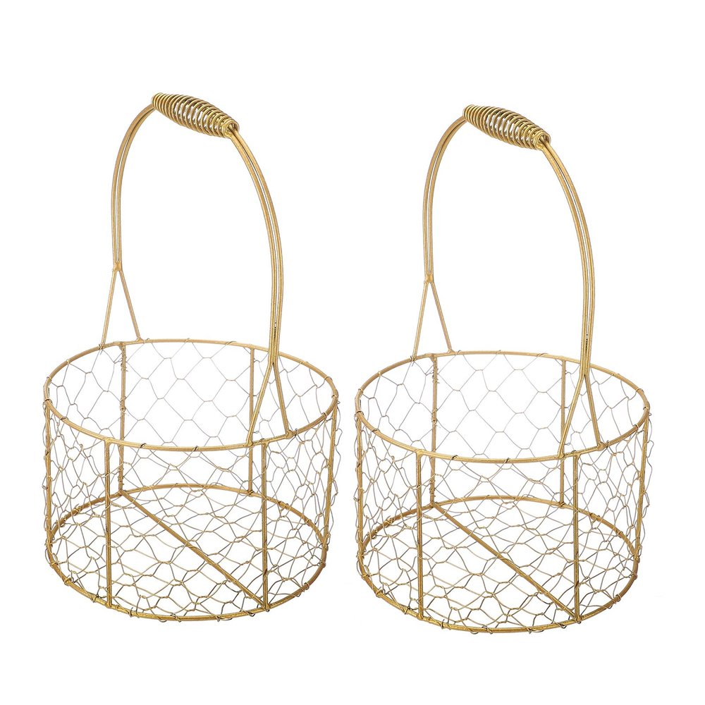 BEIJIALY 2PSC Round Metal Wedding Flower Girl Basket With Handle, Wire Storage Flower Basket, Gold Decorated Basket Flower Petal Basket for Wedding Decor Or Tabletop Display