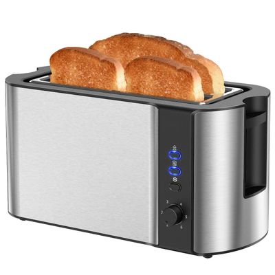 10'' Long Slot 2 Slice Stainless Steel Toaster, 4 Slice, Warming Rack & 6 Shade Settings, Defrost/Reheat/Cancel, For Croissants & Bread (Silver)