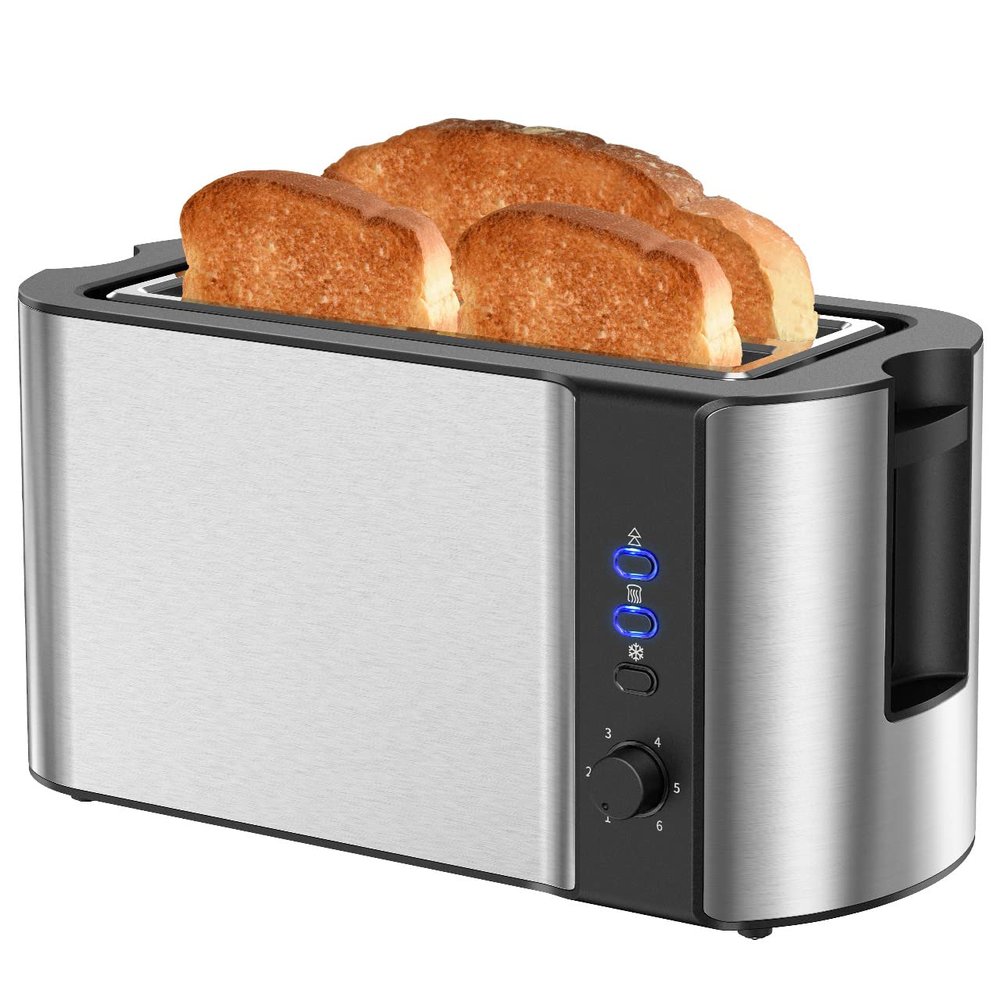 10'' Long Slot 2 Slice Stainless Steel Toaster, 4 Slice, Warming Rack & 6 Shade Settings, Defrost/Reheat/Cancel, For Croissants & Bread (Silver)