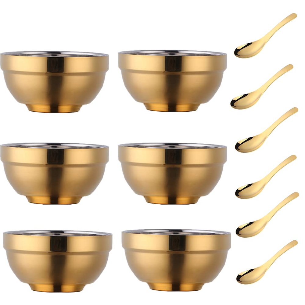 18/8 Stainless Steel Bowl Set with Spoon Set of 6, 19oz Metal Rice Cereal Serving Bowls, Double Walled Dinner Bowl Restaurant Home Kitchen Family Kids Adult-Gold