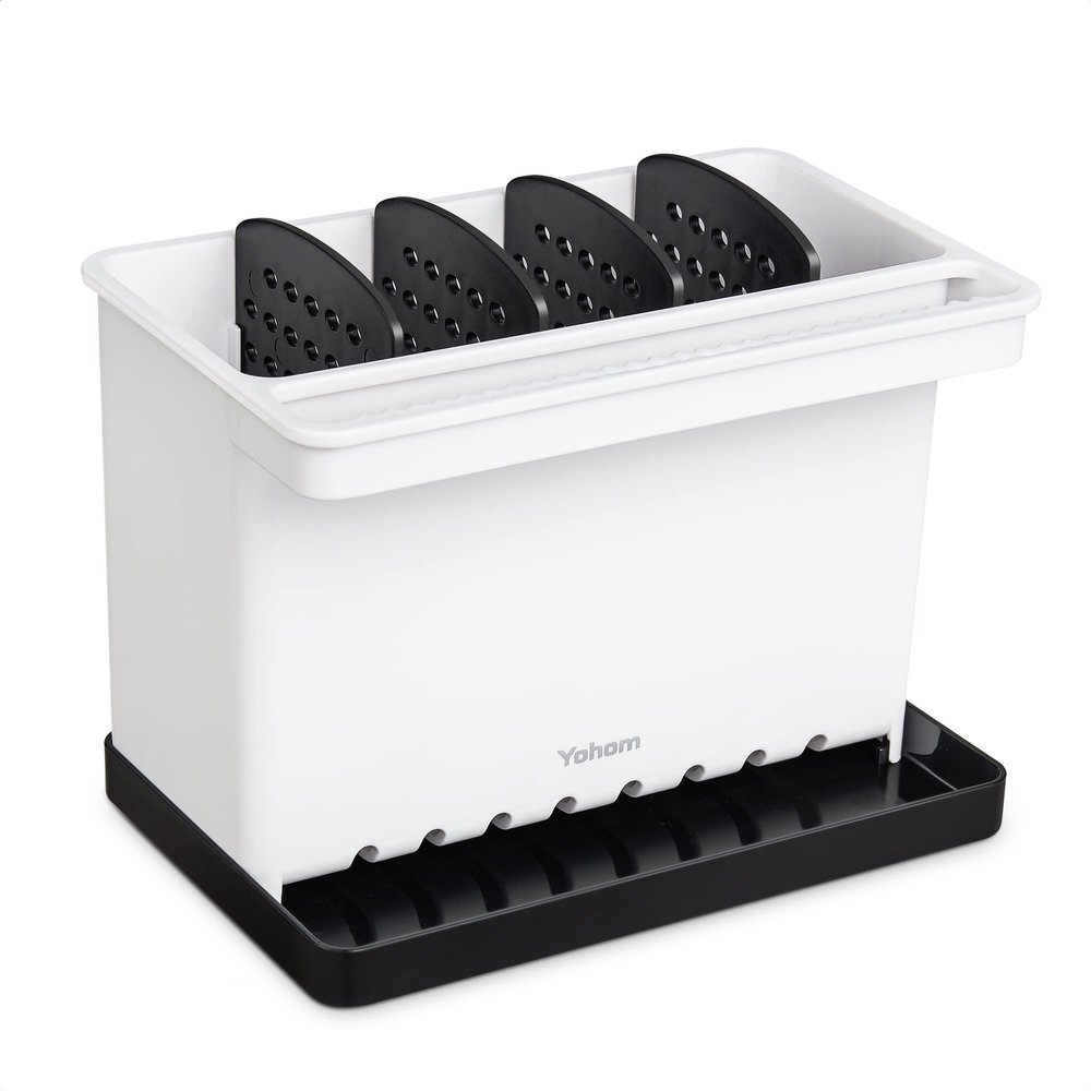 YOHOM Kitchen Sponge Brush Holder for Sink Black Dish Sponge Caddy Countertop Organizer Plastic Scrub Brush Holder with Dividers