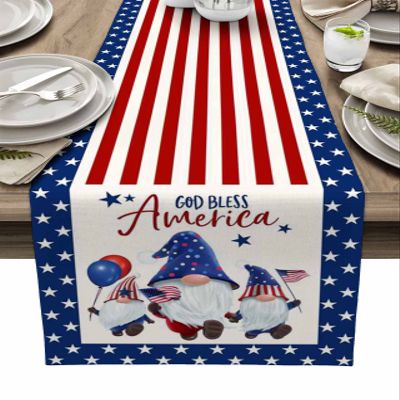 Independence Day Gnome Table Runners America Blue Star 13x90 Inches Long Washable Table Runner for Round Table Kitchen Coffee Dining End Table Living Room Use