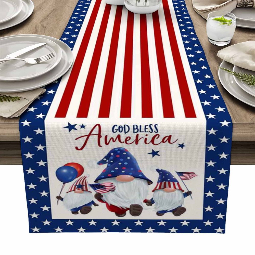 Independence Day Gnome Table Runners America Blue Star 13x90 Inches Long Washable Table Runner for Round Table Kitchen Coffee Dining End Table Living Room Use