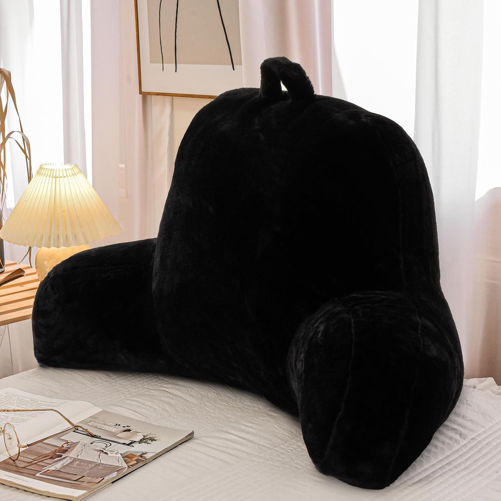A Nice Night Faux Fur Reading Pillow Bed Wedge Large Adult Children Backrest with Arms Back Support for Sitting Up in Bed/Couch for Bedrest,Black