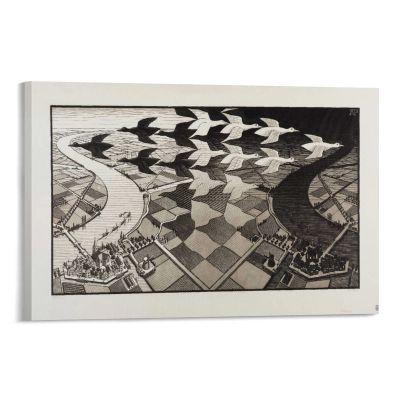 18 Famous Prints by M.C. Escher - Day and Night by Maurits Cornelis Escher Canvas Art Poster and Wall Art Picture Print Modern Family Bedroom Decor Posters 24x36inch(60x90cm)