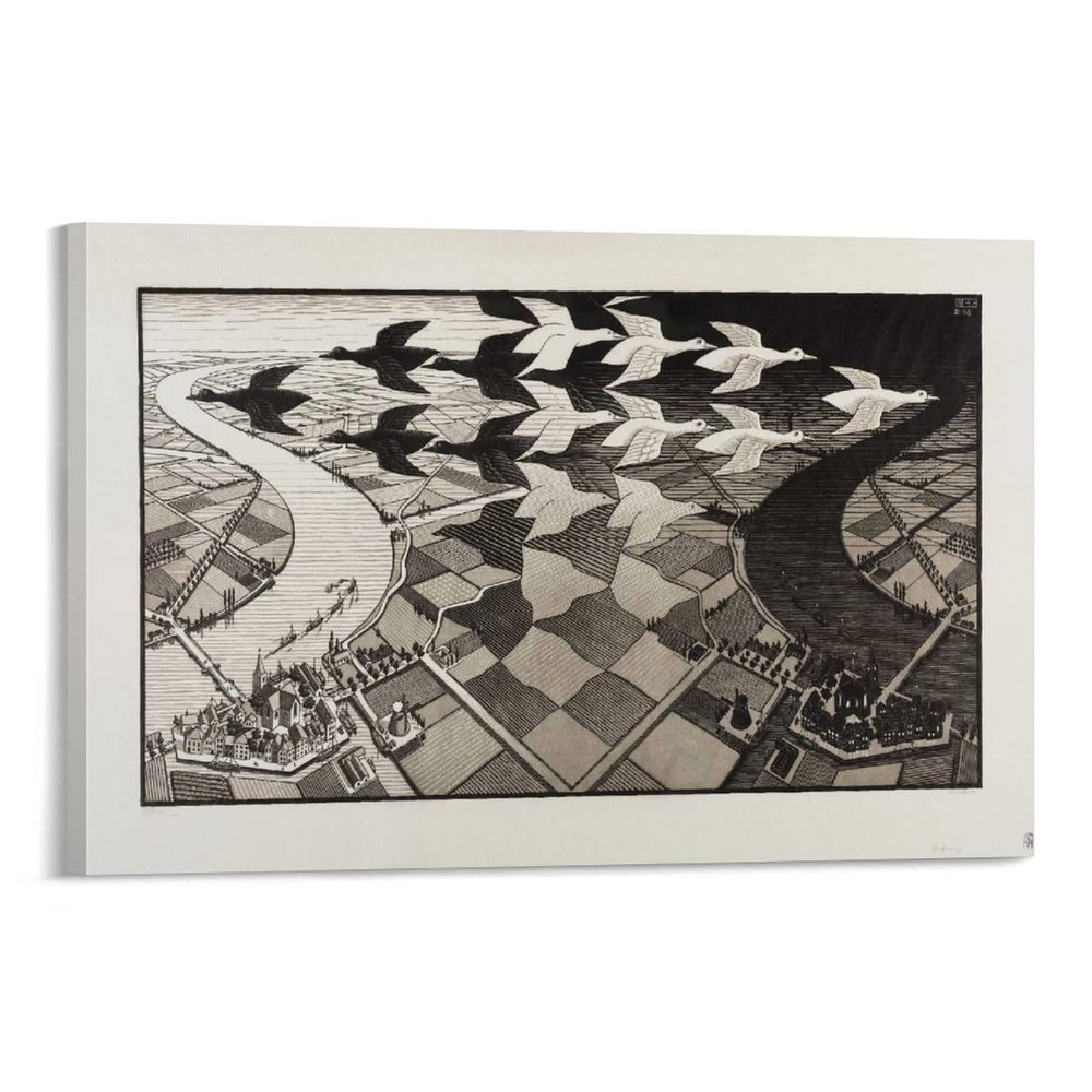18 Famous Prints by M.C. Escher - Day and Night by Maurits Cornelis Escher Canvas Art Poster and Wall Art Picture Print Modern Family Bedroom Decor Posters 24x36inch(60x90cm)