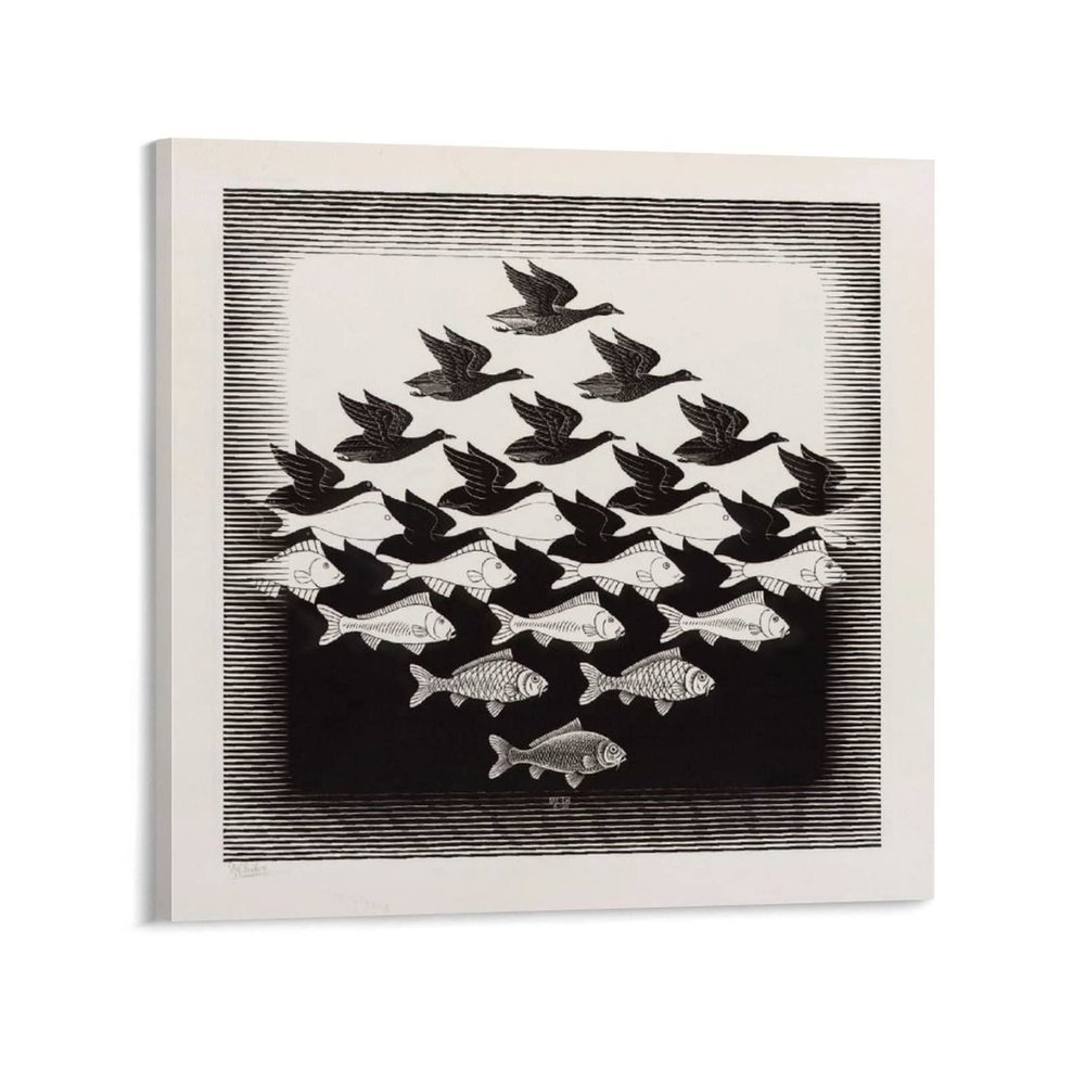 18 Famous Prints by M.C. Escher - Sky and Water I by Maurits Cornelis Escher Canvas Art Poster and Wall Art Picture Print Modern Family Bedroom Decor Posters 28x28inch(70x70cm)