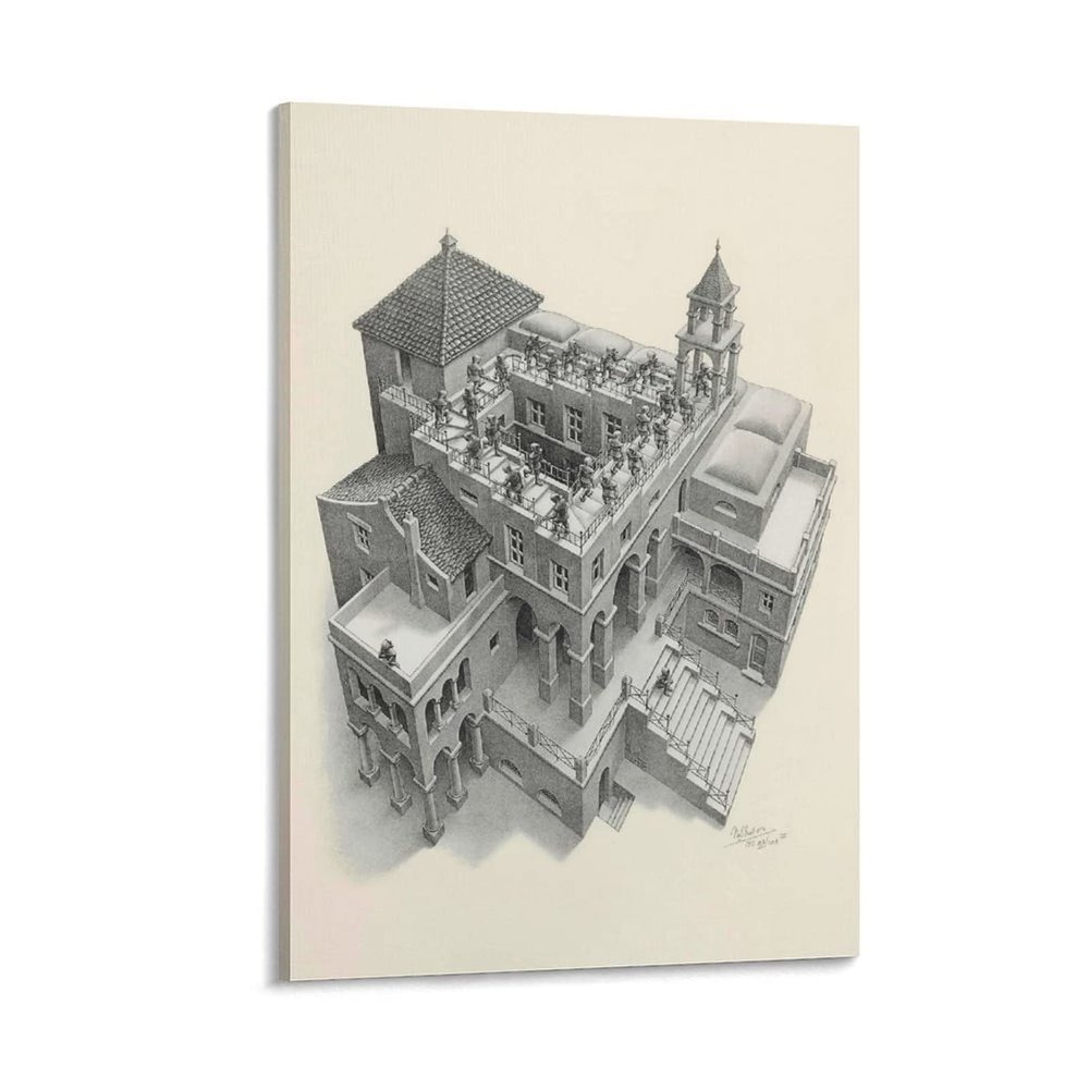 18 Famous Prints by M.C. Escher - Ascending and Descending by Maurits Cornelis Escher Canvas Art Poster and Wall Art Picture Print Modern Family Bedroom Decor Posters 24x36inch(60x90cm)