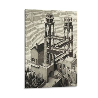18 Famous Prints by M.C. Escher - Waterfall (Waterval) by Maurits Cornelis Escher Poster Decorative Painting Canvas Wall Art Living Room Posters Bedroom Painting 24x36inch(60x90cm)