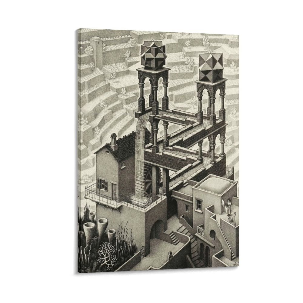 18 Famous Prints by M.C. Escher - Waterfall (Waterval) by Maurits Cornelis Escher Poster Decorative Painting Canvas Wall Art Living Room Posters Bedroom Painting 24x36inch(60x90cm)
