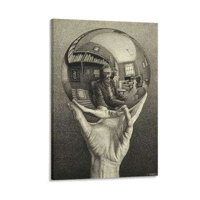 18 Famous Prints by M.C. Escher - Hand with Reflecting Sphere by Maurits Cornelis Escher Canvas Art Poster and Wall Art Picture Print Modern Family Bedroom Decor Posters 24x36inch(60x90cm)