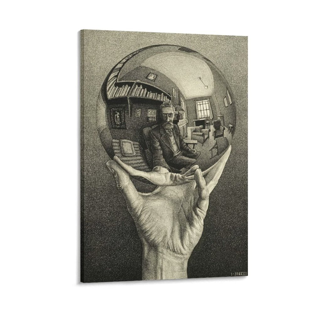 18 Famous Prints by M.C. Escher - Hand with Reflecting Sphere by Maurits Cornelis Escher Canvas Art Poster and Wall Art Picture Print Modern Family Bedroom Decor Posters 24x36inch(60x90cm)