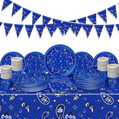 123 Pcs Western Cowboy Party Decoration Include 1 Plastic Paisley Print Tablecloth 2 Bandana Pennant Banner 60 Disposable Paper Plates 30 Cups and 30 Napkins for Western Cowboy Theme Party(Blue)