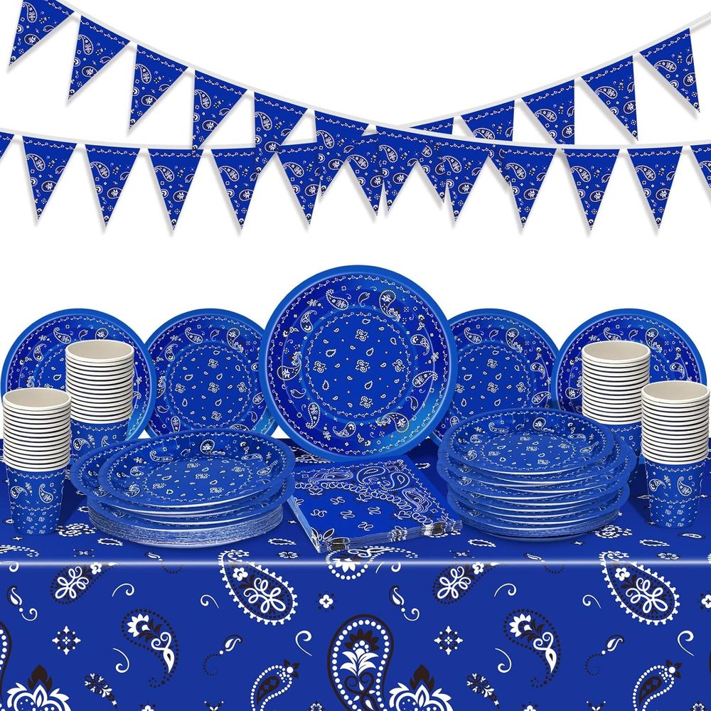 123 Pcs Western Cowboy Party Decoration Include 1 Plastic Paisley Print Tablecloth 2 Bandana Pennant Banner 60 Disposable Paper Plates 30 Cups and 30 Napkins for Western Cowboy Theme Party(Blue)
