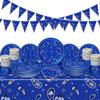 123 Pcs Western Cowboy Party Decoration Include 1 Plastic Paisley Print Tablecloth 2 Bandana Pennant Banner 60 Disposable Paper Plates 30 Cups and 30 Napkins for Western Cowboy Theme Party(Blue) view 1