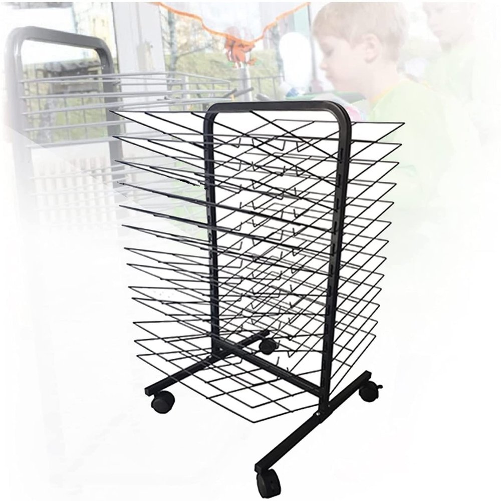 Drying Rack, Back-to-Back 26-Shelf Mobile Art Drying Rack with Wire Shelves for Works of Art, Black Powder Coated Finish, Ideal for Schools and Art Clubs