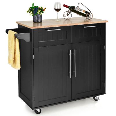 Giantex Kitchen Island Cart, Rolling Island Table with Rubber Wood Tabletop, 2 Drawers, Storage Cabinet & Towel Rack, Bar Kitchen Cart On Wheels for Dining Room (Black)