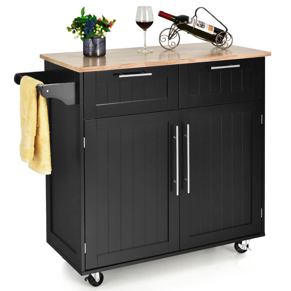 Giantex Kitchen Island Cart, Rolling Island Table with Rubber Wood Tabletop, 2 Drawers, Storage Cabinet & Towel Rack, Bar Kitchen Cart On Wheels for Dining Room (Black)